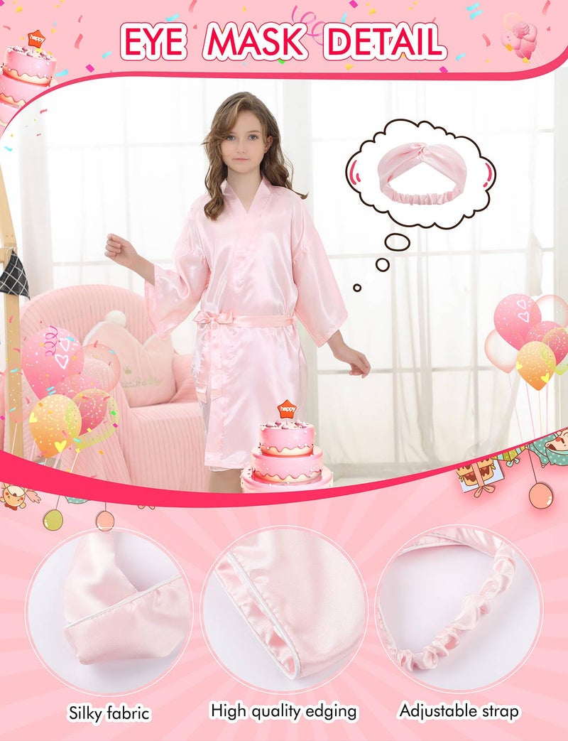 EPLAZA Kids Girls Satin Robe with Hair Band Eye Mask for Birthday Spa Bridal Party Flower Girls Wedding Robes Kimono (Pink, Tag 12) - Image 2